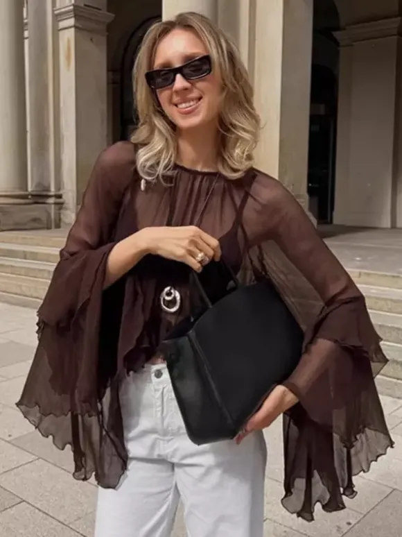 Sheer Chiffon Blouse Women's Flare Sleeve Top - Brown Boho Ruffle Tiered Loose Fit - Spring Party Night 2026