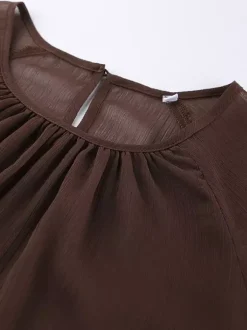 Sheer Chiffon Blouse Women's Flare Sleeve Top - Brown Boho Ruffle Tiered Loose Fit - Spring Party Night 2026