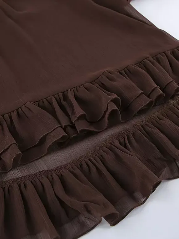 Sheer Chiffon Blouse Women's Flare Sleeve Top - Brown Boho Ruffle Tiered Loose Fit - Spring Party Night 2026