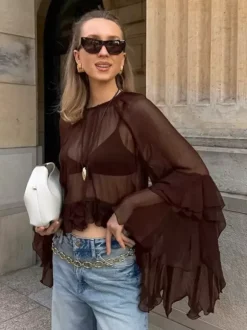 Sheer Chiffon Blouse Women's Flare Sleeve Top - Brown Boho Ruffle Tiered Loose Fit - Spring Party Night 2026