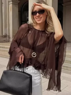 Sheer Chiffon Blouse Women's Flare Sleeve Top - Brown Boho Ruffle Tiered Loose Fit - Spring Party Night 2026