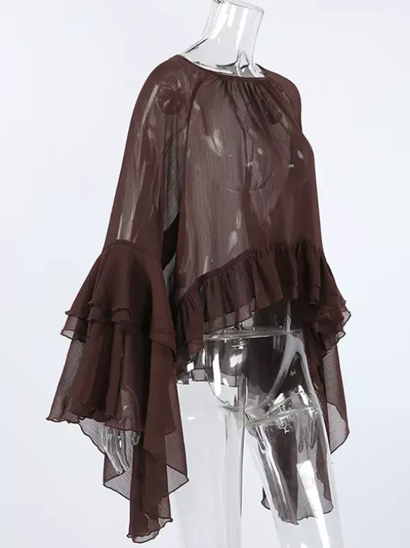 Sheer Chiffon Blouse Women's Flare Sleeve Top - Brown Boho Ruffle Tiered Loose Fit - Spring Party Night 2026