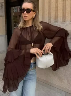 Sheer Chiffon Blouse Women's Flare Sleeve Top - Brown Boho Ruffle Tiered Loose Fit - Spring Party Night 2026