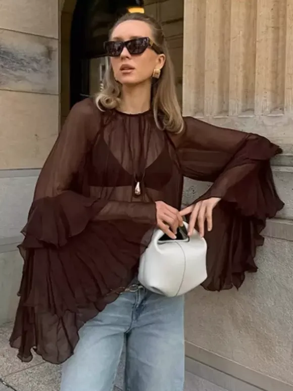 Sheer Chiffon Blouse Women's Flare Sleeve Top - Brown Boho Ruffle Tiered Loose Fit - Spring Party Night 2026