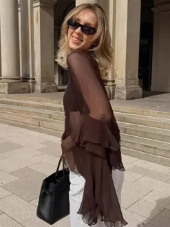 Sheer Chiffon Blouse Women's Flare Sleeve Top - Brown Boho Ruffle Tiered Loose Fit - Spring Party Night 2026