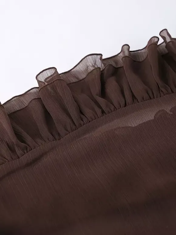 Sheer Chiffon Blouse Women's Flare Sleeve Top - Brown Boho Ruffle Tiered Loose Fit - Spring Party Night 2026