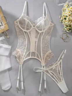 Sheer Floral Lace Garter Corset Lingerie 3-Piece Set