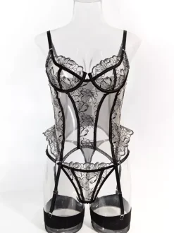Sheer Floral Lace Garter Corset Lingerie 3-Piece Set