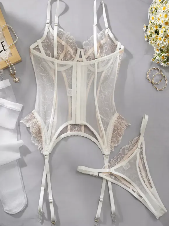 Sheer Floral Lace Garter Corset Lingerie 3-Piece Set