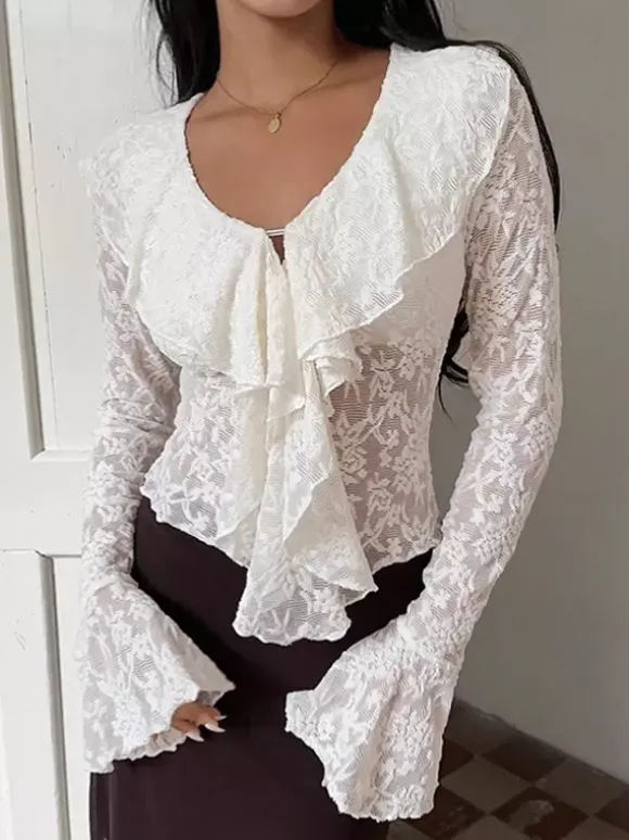 Sheer Floral Lace Women Blouse - White Elegant V-Neck Bell Sleeve Top - Coquette Fairycore Spring Date Night Wear 2026