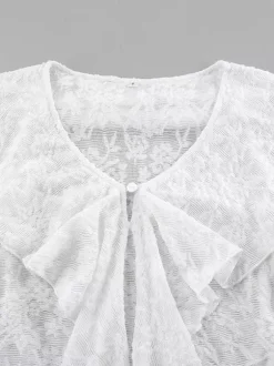 Sheer Floral Lace Women Blouse - White Elegant V-Neck Bell Sleeve Top - Coquette Fairycore Spring Date Night Wear 2026