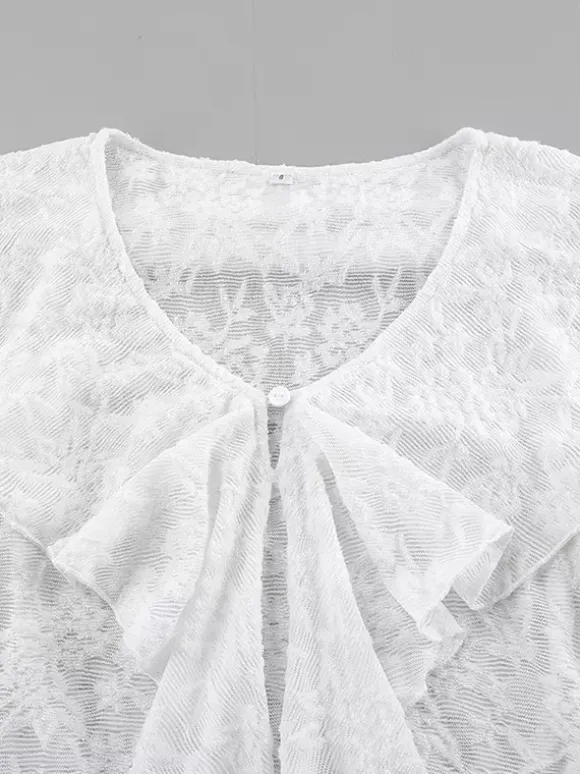 Sheer Floral Lace Women Blouse - White Elegant V-Neck Bell Sleeve Top - Coquette Fairycore Spring Date Night Wear 2026