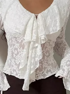 Sheer Floral Lace Women Blouse - White Elegant V-Neck Bell Sleeve Top - Coquette Fairycore Spring Date Night Wear 2026