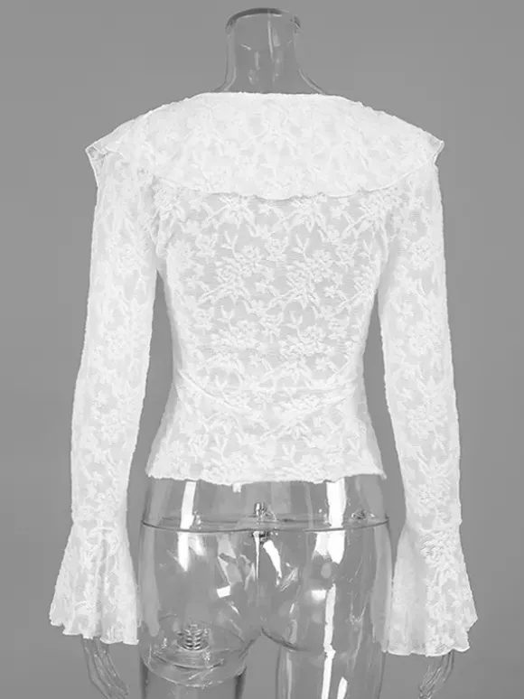 Sheer Floral Lace Women Blouse - White Elegant V-Neck Bell Sleeve Top - Coquette Fairycore Spring Date Night Wear 2026