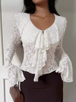 Sheer Floral Lace Women Blouse - White Elegant V-Neck Bell Sleeve Top - Coquette Fairycore Spring Date Night Wear 2026