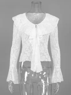 Sheer Floral Lace Women Blouse - White Elegant V-Neck Bell Sleeve Top - Coquette Fairycore Spring Date Night Wear 2026