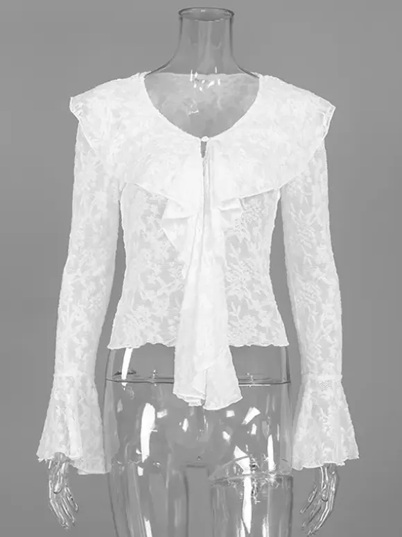 Sheer Floral Lace Women Blouse - White Elegant V-Neck Bell Sleeve Top - Coquette Fairycore Spring Date Night Wear 2026