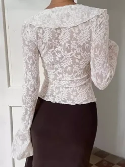 Sheer Floral Lace Women Blouse - White Elegant V-Neck Bell Sleeve Top - Coquette Fairycore Spring Date Night Wear 2026