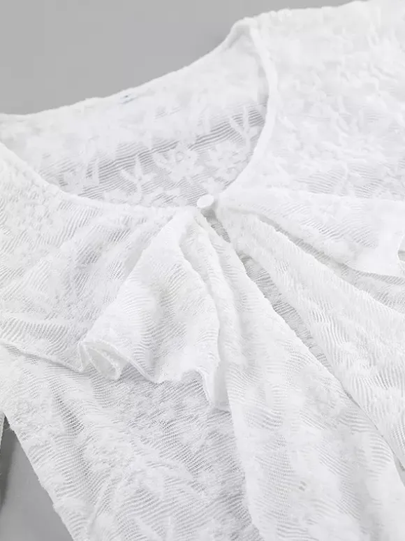 Sheer Floral Lace Women Blouse - White Elegant V-Neck Bell Sleeve Top - Coquette Fairycore Spring Date Night Wear 2026