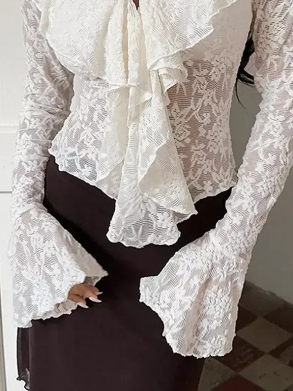 Sheer Floral Lace Women Blouse - White Elegant V-Neck Bell Sleeve Top - Coquette Fairycore Spring Date Night Wear 2026