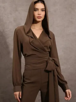 Sheer Hooded Chiffon Blouses For Women - Brown Sexy V Neck Lantern Sleeve Wrap Tops - Summer Rave Party 2026