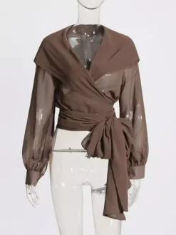 Sheer Hooded Chiffon Blouses For Women - Brown Sexy V Neck Lantern Sleeve Wrap Tops - Summer Rave Party 2026