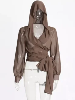 Sheer Hooded Chiffon Blouses For Women - Brown Sexy V Neck Lantern Sleeve Wrap Tops - Summer Rave Party 2026