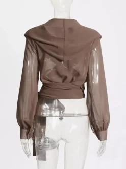 Sheer Hooded Chiffon Blouses For Women - Brown Sexy V Neck Lantern Sleeve Wrap Tops - Summer Rave Party 2026