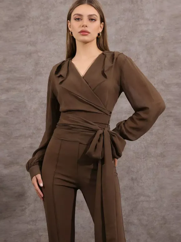 Sheer Hooded Chiffon Blouses For Women - Brown Sexy V Neck Lantern Sleeve Wrap Tops - Summer Rave Party 2026