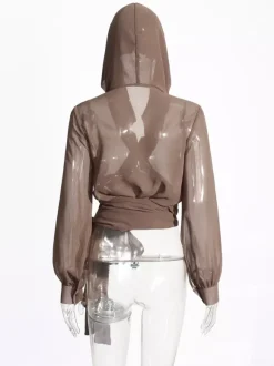 Sheer Hooded Chiffon Blouses For Women - Brown Sexy V Neck Lantern Sleeve Wrap Tops - Summer Rave Party 2026