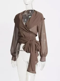 Sheer Hooded Chiffon Blouses For Women - Brown Sexy V Neck Lantern Sleeve Wrap Tops - Summer Rave Party 2026