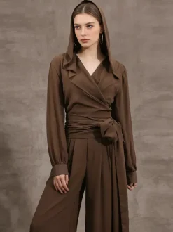 Sheer Hooded Chiffon Blouses For Women - Brown Sexy V Neck Lantern Sleeve Wrap Tops - Summer Rave Party 2026