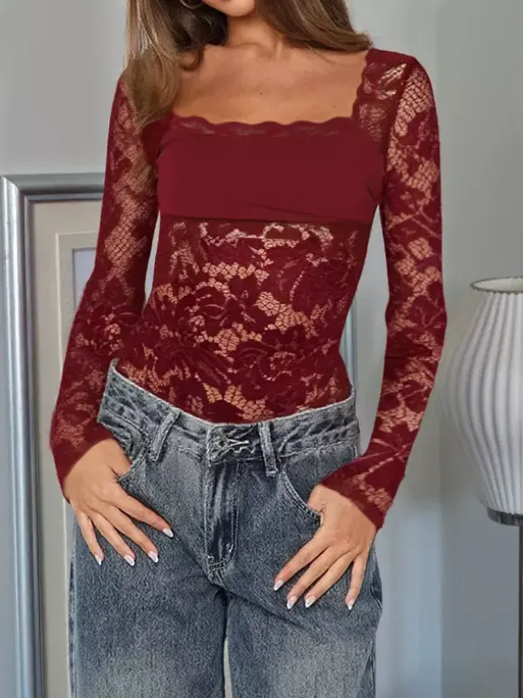 Sheer Lace Bodysuit For Women - Sexy Long Sleeve Slim Fit Leotard Top - Spring Night Out Party 2026
