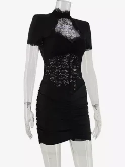 Sheer Lace Cut Out Bodycon Dress For Women - Black Gothic Chic Ruched Mini Sheath Dress - Summer Night Out Party 2026