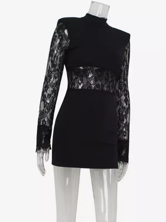 Sheer Lace Patchwork Mini Dress For Women - Bodycon High Neck Padded Shoulder Gown - Spring Night Out Party Clubwear 2026