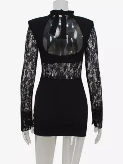 Sheer Lace Patchwork Mini Dress For Women - Bodycon High Neck Padded Shoulder Gown - Spring Night Out Party Clubwear 2026