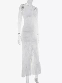 Sheer Lace Ruffle Maxi Slip Dress For Women - White Sexy High-Low Hem Spaghetti Strap Bodycon Gown - Summer Gala Party 2026