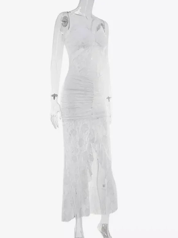 Sheer Lace Ruffle Maxi Slip Dress For Women - White Sexy High-Low Hem Spaghetti Strap Bodycon Gown - Summer Gala Party 2026