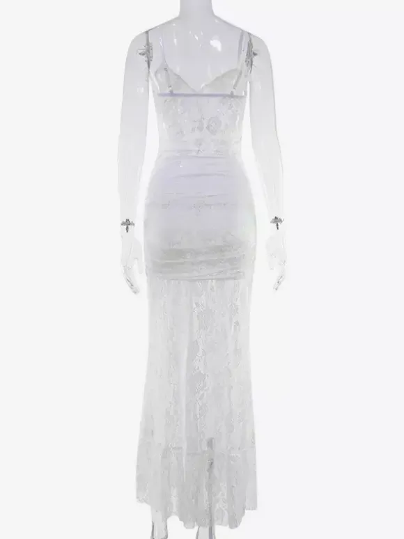 Sheer Lace Ruffle Maxi Slip Dress For Women - White Sexy High-Low Hem Spaghetti Strap Bodycon Gown - Summer Gala Party 2026