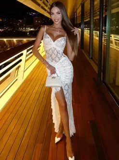 Sheer Lace Ruffle Maxi Slip Dress For Women - White Sexy High-Low Hem Spaghetti Strap Bodycon Gown - Summer Gala Party 2026