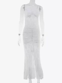 Sheer Lace Ruffle Maxi Slip Dress For Women - White Sexy High-Low Hem Spaghetti Strap Bodycon Gown - Summer Gala Party 2026
