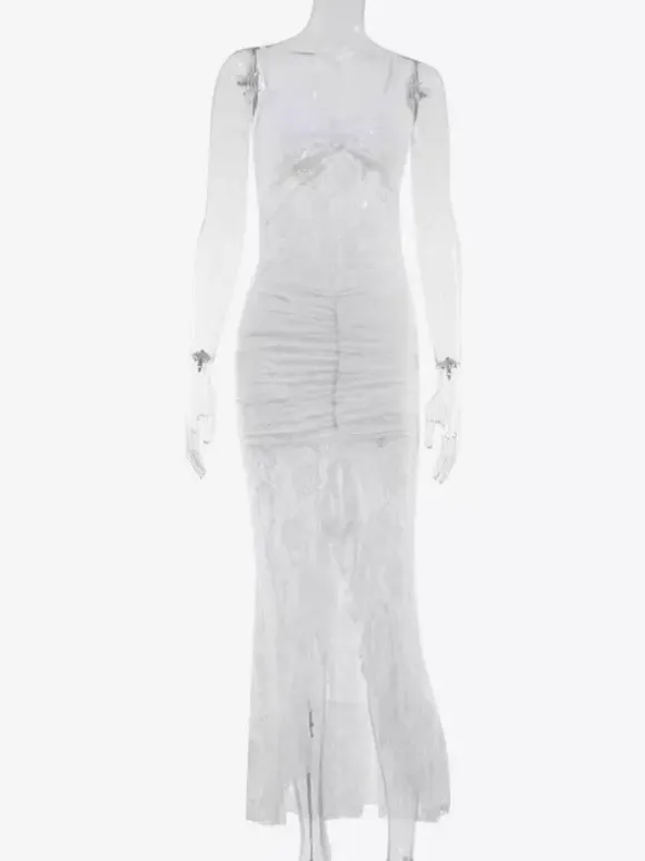Sheer Lace Ruffle Maxi Slip Dress For Women - White Sexy High-Low Hem Spaghetti Strap Bodycon Gown - Summer Gala Party 2026