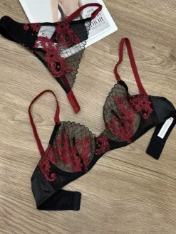 Sheer Lingerie Lace Burgundy Floral Embroidered 2-Piece Bra Panty Sets
