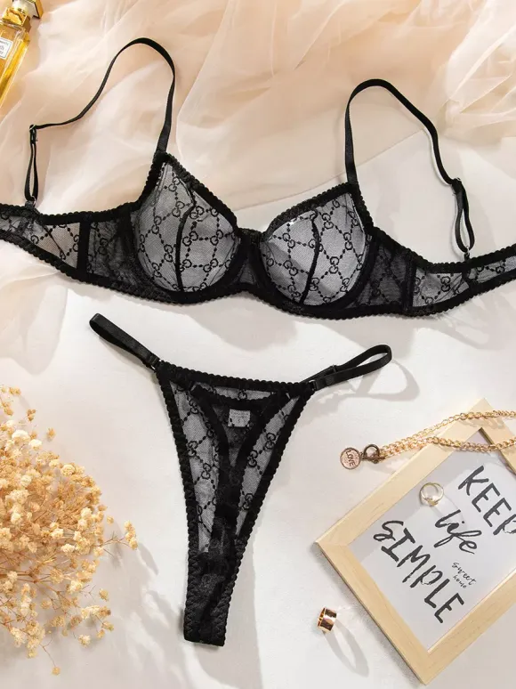Sheer Lingerie Lace Up Black See Through 2-Piece Bra Panty Sets