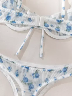 Sheer Lingerie See Through Lace Up Floral Print White 2-Piece Bra Panty Sets