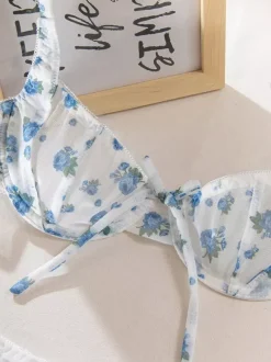 Sheer Lingerie See Through Lace Up Floral Print White 2-Piece Bra Panty Sets