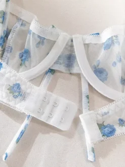 Sheer Lingerie See Through Lace Up Floral Print White 2-Piece Bra Panty Sets