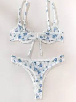 Sheer Lingerie See Through Lace Up Floral Print White 2-Piece Bra Panty Sets