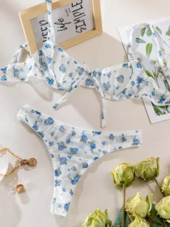 Sheer Lingerie See Through Lace Up Floral Print White 2-Piece Bra Panty Sets