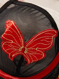 Sheer Mesh Red Butterfly Embroidery 3-Piece Lingerie Set